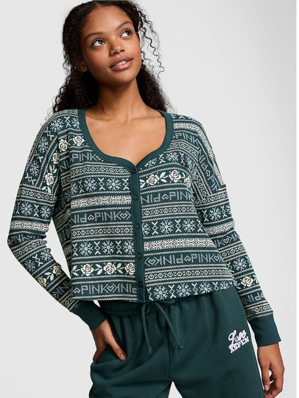 PINK Victoria's Secret Green Boxy Fair Isle Floral Thermal Pajama Set Small NWT